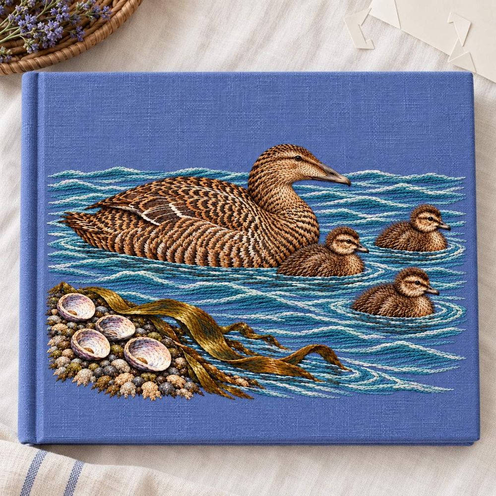 Eider and Chicks embroidery design in a digital mockup of horizontal cloth-covered family photo album, lavender-blue linen embroidered cover, overhead on pale cotton, unmarked blank photo corners beside album. Placement inspiration for Study 34.