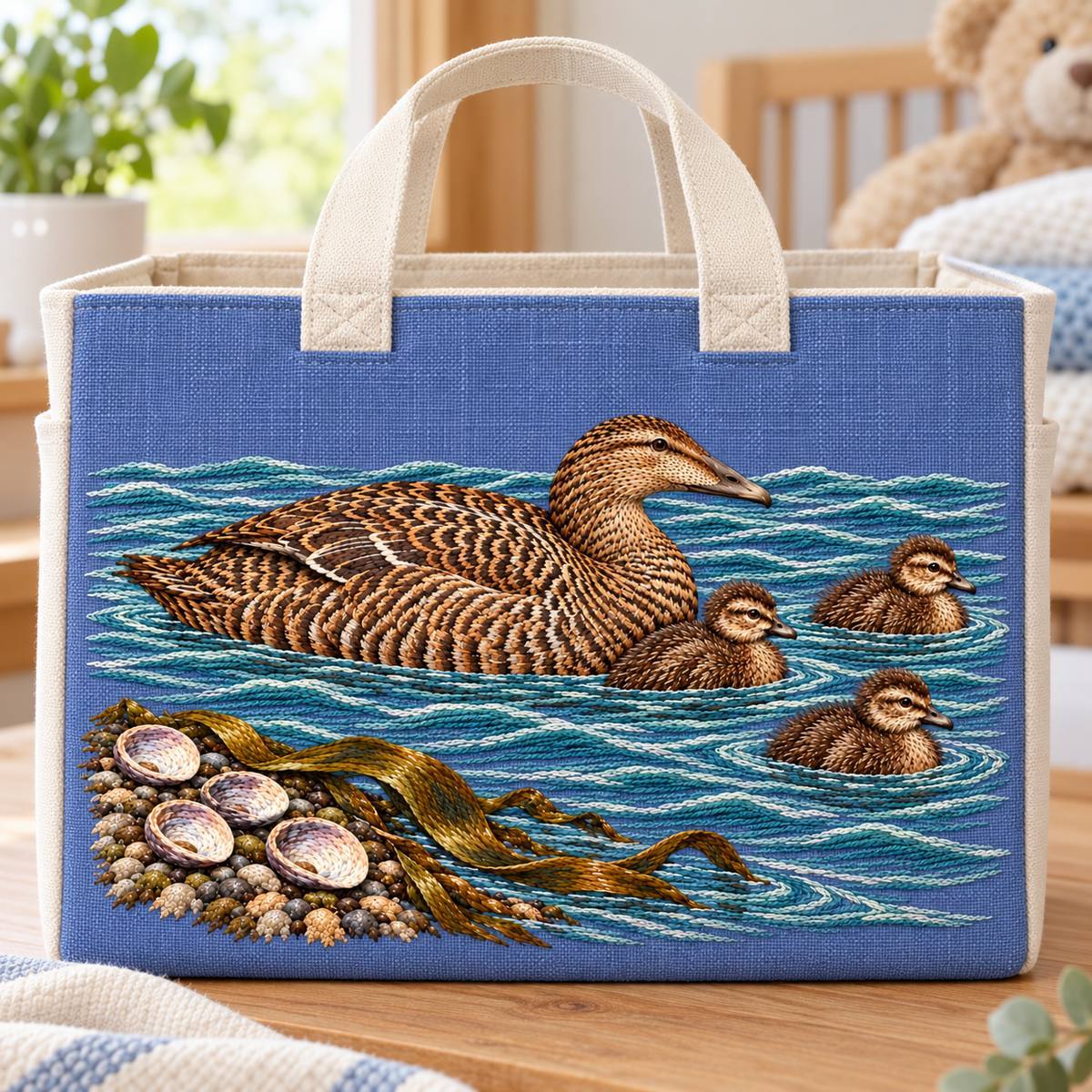 Eider and Chicks embroidery design in a digital mockup of wide lavender-blue linen changing-supplies caddy, flat stiff front with artwork, sides cream canvas, viewed straight on, closed supplies hidden behind panel. Placement inspiration for Study 34.