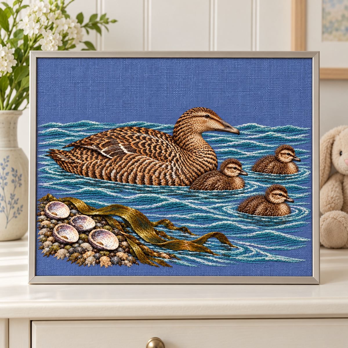 Eider and Chicks embroidery design in a digital mockup of lavender-blue linen mounted nursery artwork with a narrow pearl-grey frame and no mat, sitting upright on cream dresser, daylight, motif unobstructed. Placement inspiration for Study 34.