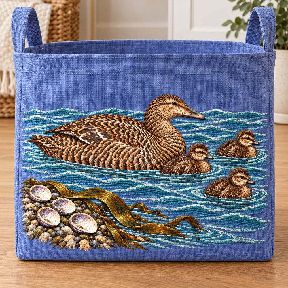Eider and Chicks embroidery design in a digital mockup of lavender-blue linen toy-storage pouch with rigid flat front and handles raised out of design, standing on warm oak, front-on view, no toys overlapping motif. Placement inspiration for Study 34.