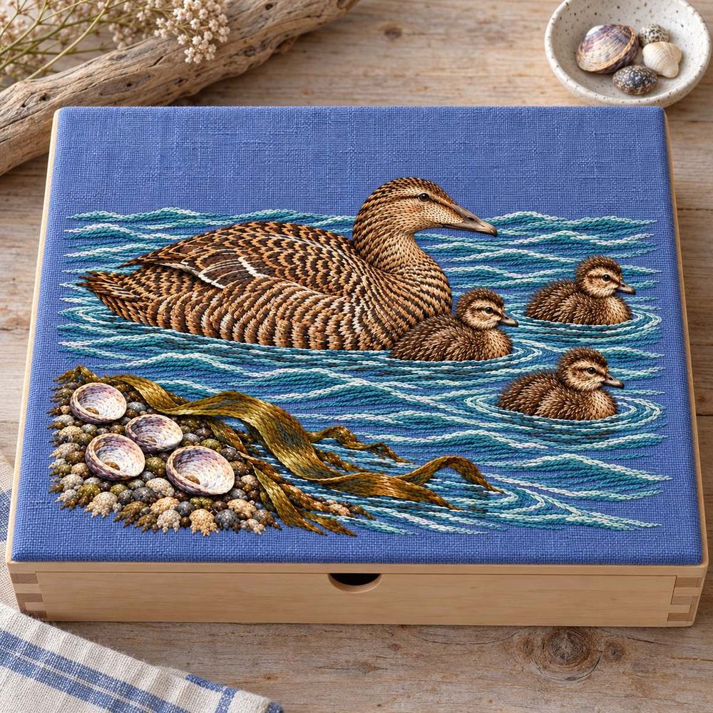 Eider and Chicks embroidery design in a digital mockup of flat lavender-blue embroidered textile cover on a shallow shell collection drawer box, overhead, natural birch edges, tiny specimen dish outside. Placement inspiration for Study 34.