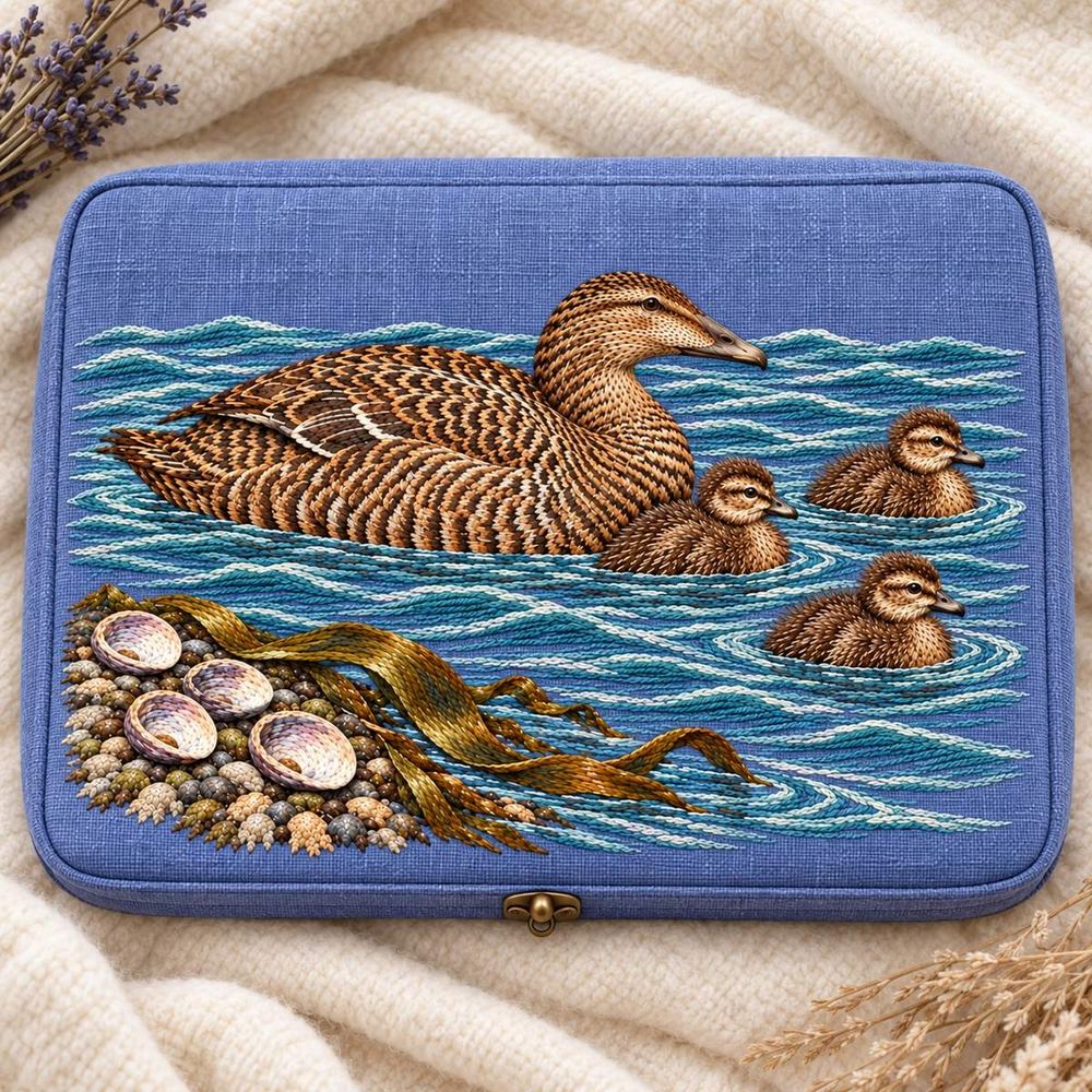 Eider and Chicks embroidery design in a digital mockup of horizontal lavender-blue linen quilted travel organizer with flat unpadded embroidered front, laid open-side-down on ivory wool, overhead, tiny bronze clasp outside motif. Placement inspiration for Study 34.