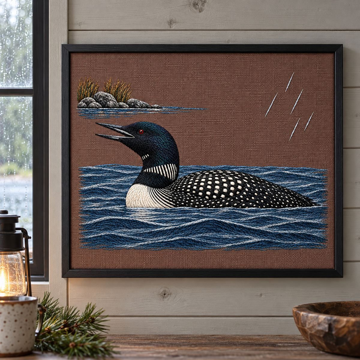 Loon embroidery design shown in a digital mockup of plum-brown linen embroidery in a thin black ash frame on pale grey cabin wall, straight-on; narrow window light evokes rain. Study 35.