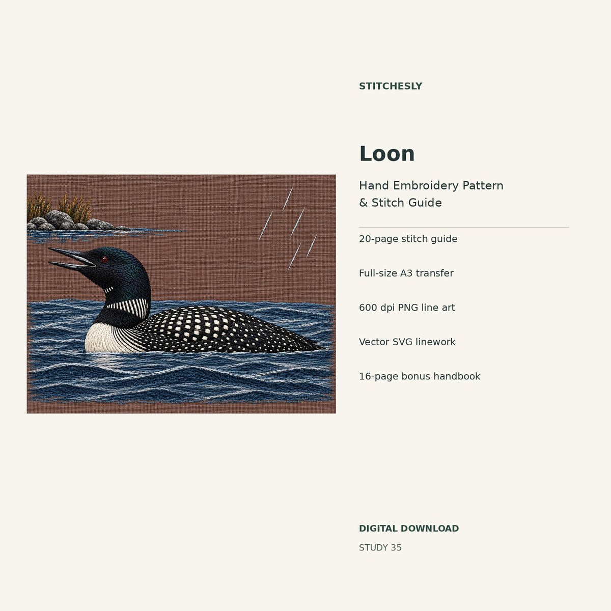 Loon hand embroidery digital package cover showing the reference artwork and included guide, transfer, PNG, SVG and bonus handbook.