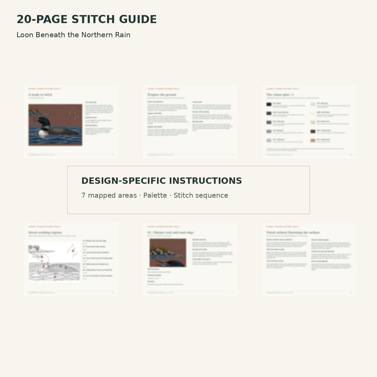Protected page overview of the 20-page Loon stitch guide, including its numbered map, suggested palette and working sequence.