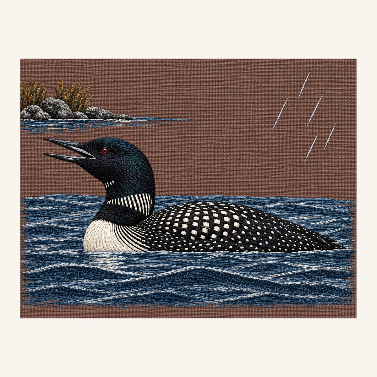 Digital embroidery reference showing a calling loon in northern rain on warm plum-brown linen, landscape composition.