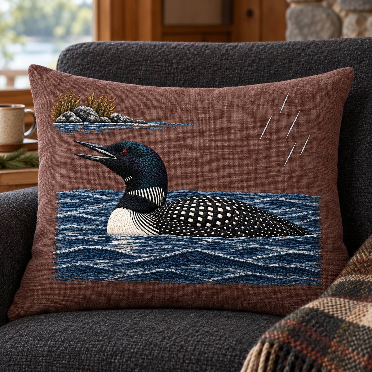 Loon embroidery design in a digital mockup of plum-brown linen rectangular lodge cushion on a low charcoal wool armchair, front-on close view; shallow soft fill and no perspective distortion. Placement inspiration for Study 35.