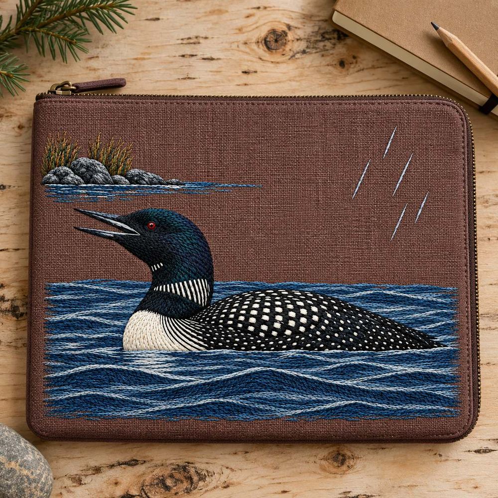 Loon embroidery design in a digital mockup of horizontal plum-brown linen lake-journal folio, zipper closed, overhead on birch tabletop with plain pencil and unlabelled field notebook outside artwork. Placement inspiration for Study 35.