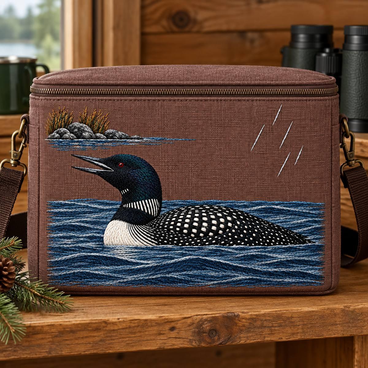 Loon embroidery design in a digital mockup of flat-front plum-brown linen binocular storage case, broad landscape case on cabin shelf, strap behind and outside motif, straight-on. Placement inspiration for Study 35.