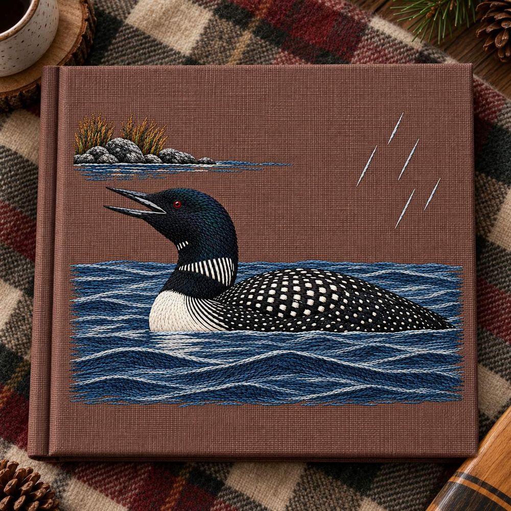 Loon embroidery design in a digital mockup of plum-brown linen cover inset into a closed lake-photograph album, hinge left, overhead on wool plaid with no plaid crossing embroidery. Placement inspiration for Study 35.