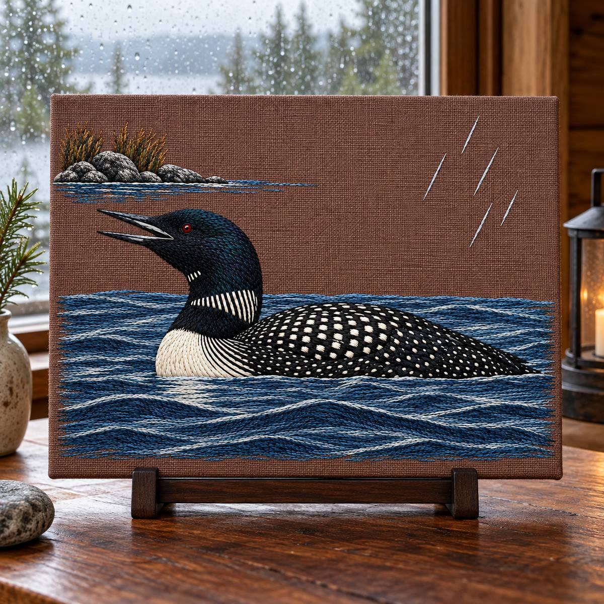 Loon embroidery design in a digital mockup of horizontal plum-brown linen panel on a compact dark wood tabletop stand beside a rain-speckled window, artwork front-on and fully lit. Placement inspiration for Study 35.