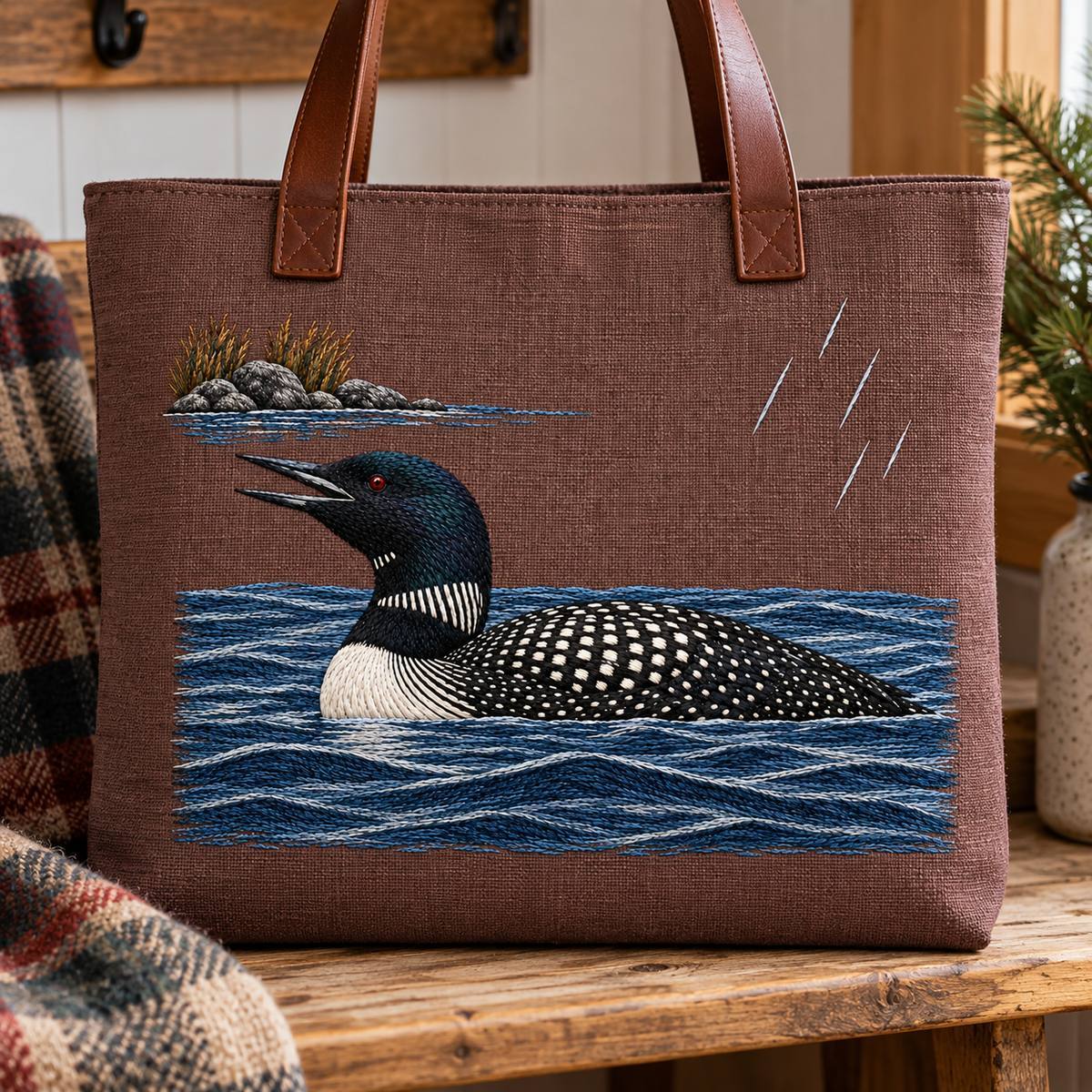 Loon embroidery design in a digital mockup of broad plum-brown linen document tote with stiff flat front, resting upright on an entry bench, leather handles held above artwork; front view. Placement inspiration for Study 35.