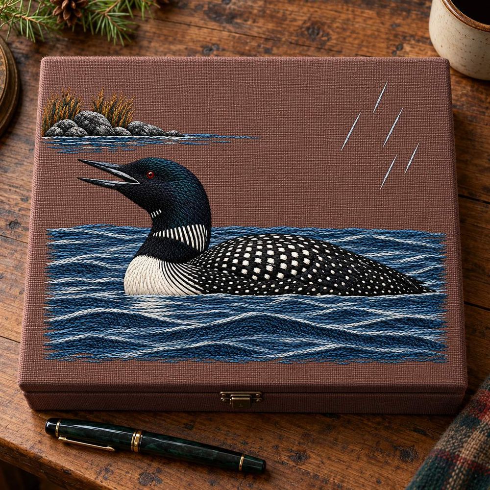 Loon embroidery design in a digital mockup of plum-brown linen lid of a shallow writing-supply chest, overhead on cabin desk, a closed fountain pen beside chest, no ink near embroidery. Placement inspiration for Study 35.