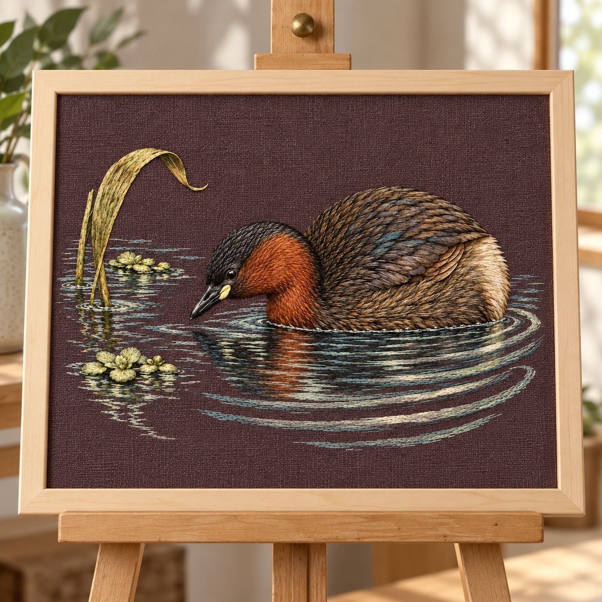 Little Grebe embroidery design shown in a digital mockup of mulberry linen textile displayed flat in a pale maple embroidery presentation frame on a studio easel, frontal close view, scissors outside field. Study 36.