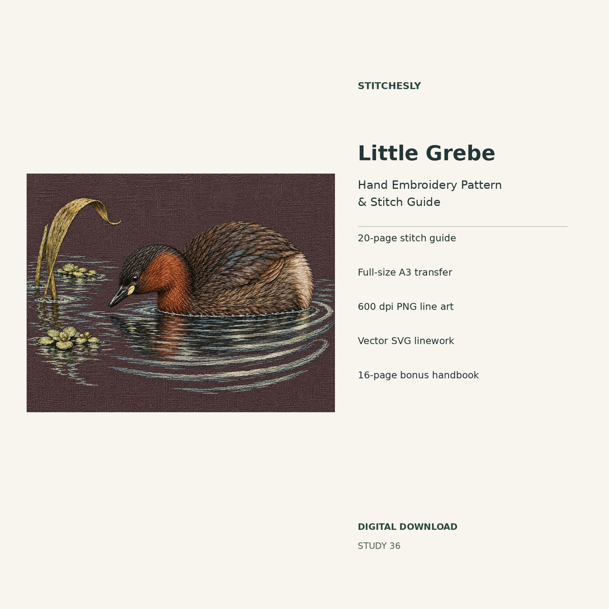 Little Grebe hand embroidery digital package cover showing the reference artwork and included guide, transfer, PNG, SVG and bonus handbook.