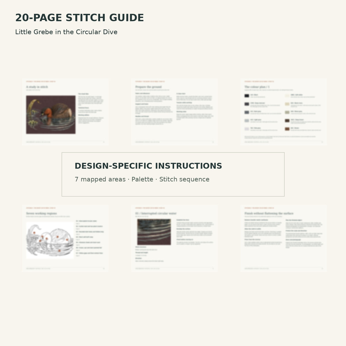 Protected page overview of the 20-page Little Grebe stitch guide, including its numbered map, suggested palette and working sequence.