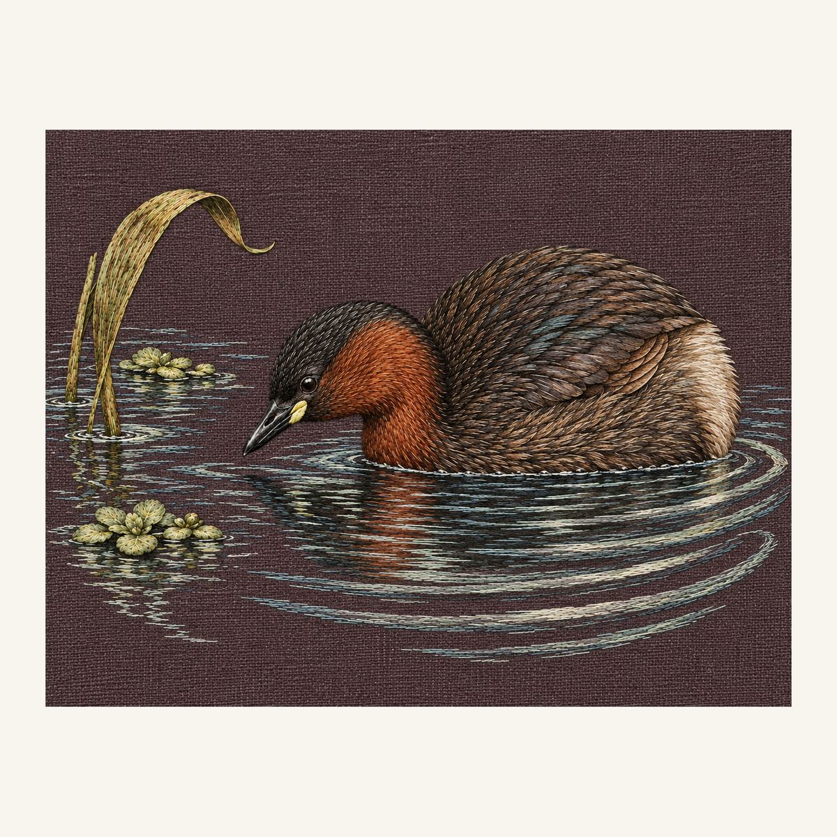 Digital embroidery reference showing a little grebe preparing to dive on smoky mulberry linen, landscape composition.