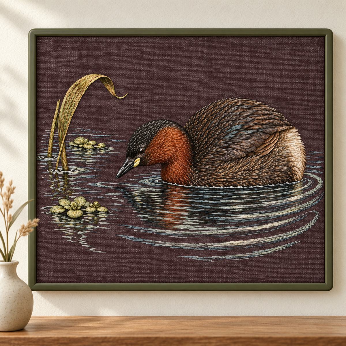 Little Grebe embroidery design in a digital mockup of mulberry linen embroidery mounted in a slim round-corner rectangular moss-green frame, front-on on cream wall; miniature reed vase outside frame. Placement inspiration for Study 36.