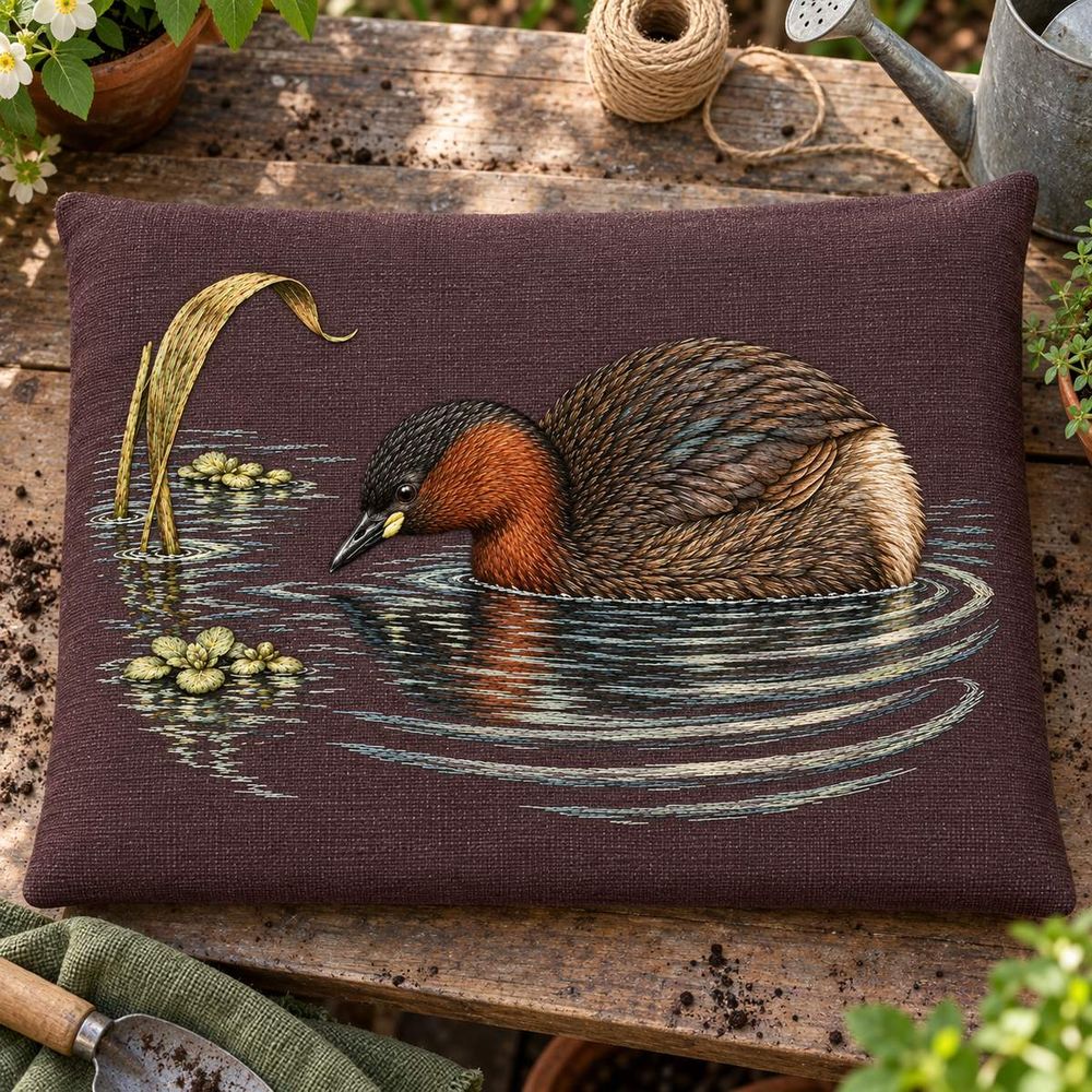 Little Grebe embroidery design in a digital mockup of mulberry linen flat rectangular kneeling-cushion cover displayed clean and unused on a potting bench, overhead, tiny watering jug outside motif. Placement inspiration for Study 36.