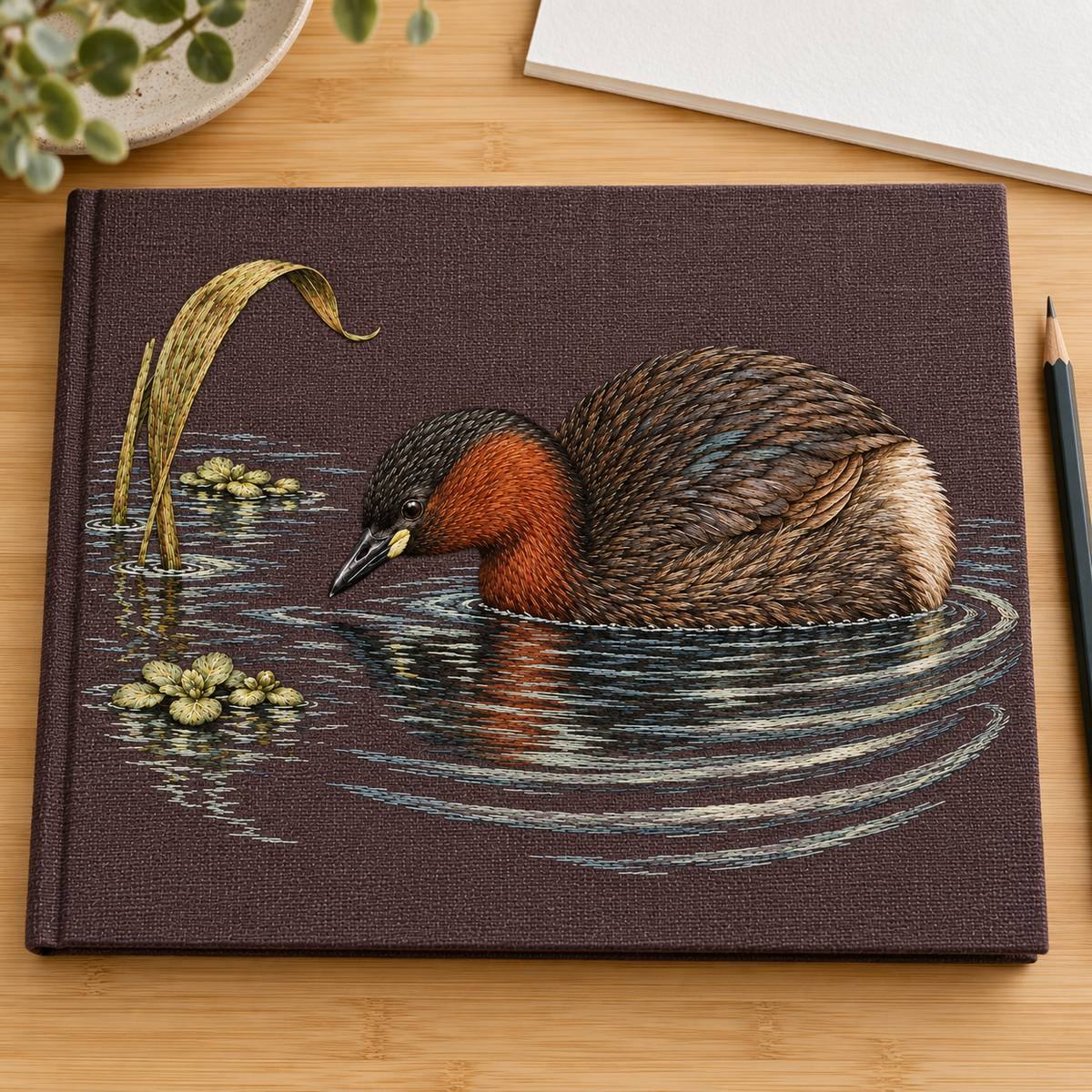 Little Grebe embroidery design in a digital mockup of landscape mulberry linen nature-sketch portfolio, overhead on pale bamboo desk with blank paper edge and graphite pencil to side. Placement inspiration for Study 36.
