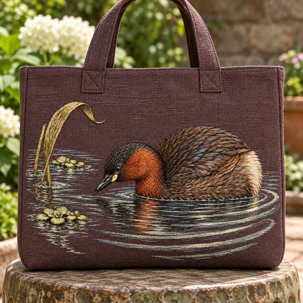 Little Grebe embroidery design in a digital mockup of broad mulberry linen field-collecting satchel, stiff flat front, upright on a garden stool, handles above artwork, straight-on photograph. Placement inspiration for Study 36.