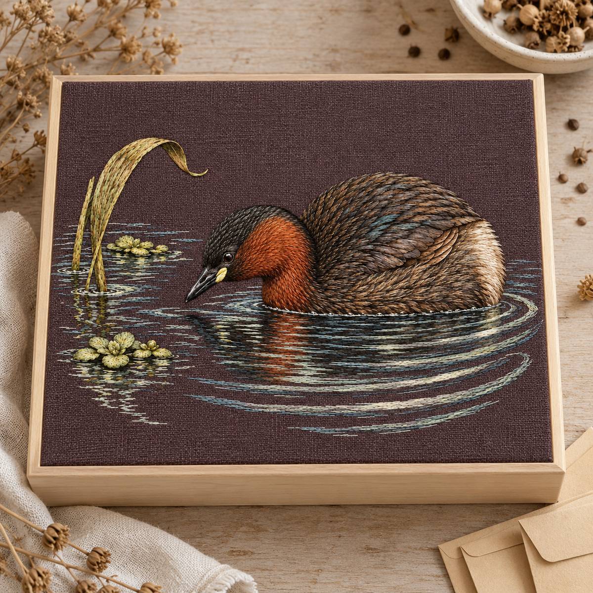 Little Grebe embroidery design in a digital mockup of mulberry linen removable lid panel on a shallow seed archive box, overhead, pale beech box, small empty seed envelopes at side no readable text. Placement inspiration for Study 36.