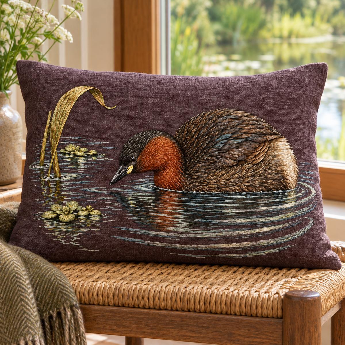 Little Grebe embroidery design in a digital mockup of mulberry linen rectangular cushion on a low rush-seat bench near a pond-facing window, frontal, subtle padding; diving pose remains horizontal. Placement inspiration for Study 36.