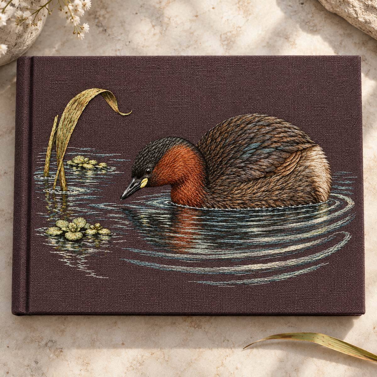 Little Grebe embroidery design in a digital mockup of horizontal mulberry linen cover on a closed botanical observation album, overhead on pale stone, one small reed leaf outside book. Placement inspiration for Study 36.