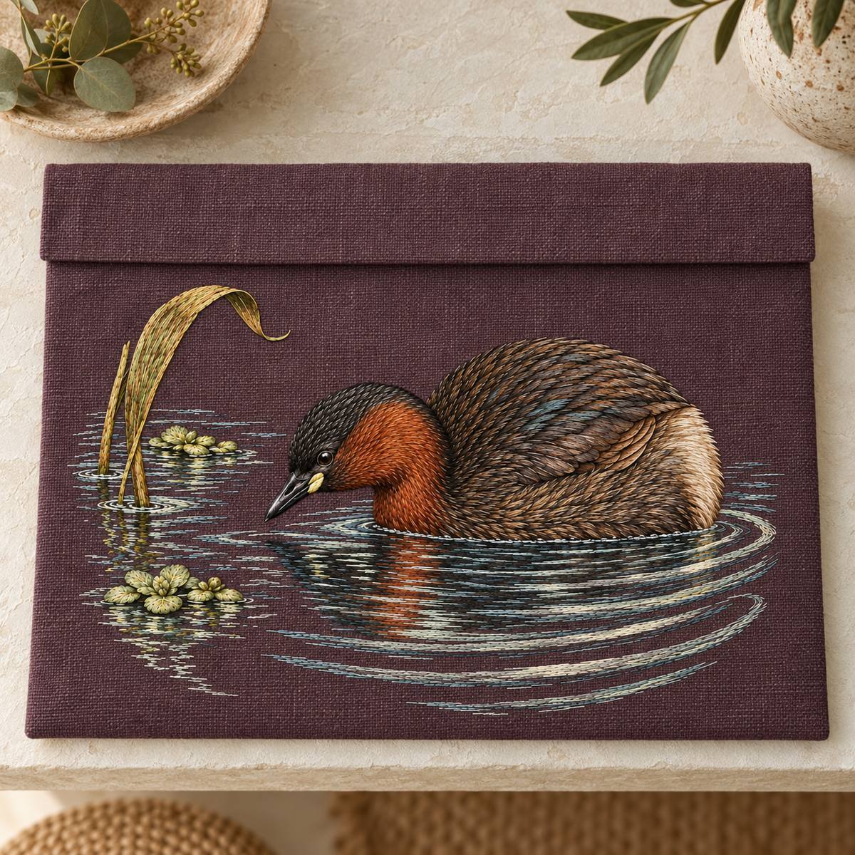 Little Grebe embroidery design in a digital mockup of mulberry linen flat storage-envelope flap with hidden closure, laid horizontally on a limewash shelf, near-overhead; motif not folded at flap edge. Placement inspiration for Study 36.