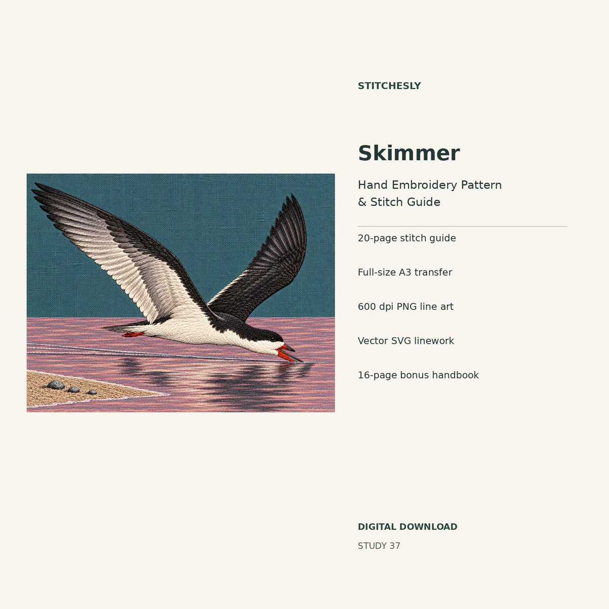 Skimmer hand embroidery digital package cover showing the reference artwork and included guide, transfer, PNG, SVG and bonus handbook.