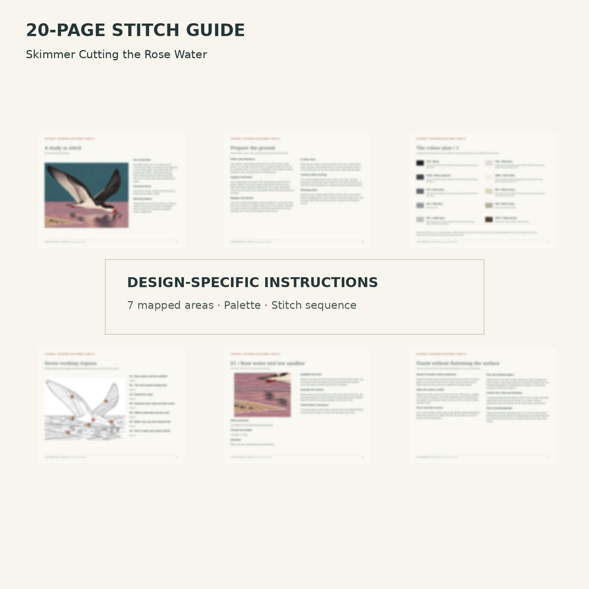 Protected page overview of the 20-page Skimmer stitch guide, including its numbered map, suggested palette and working sequence.