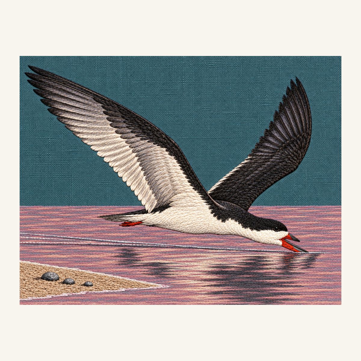 Digital embroidery reference showing a skimmer touching rose-coloured water on desaturated teal linen, landscape composition.