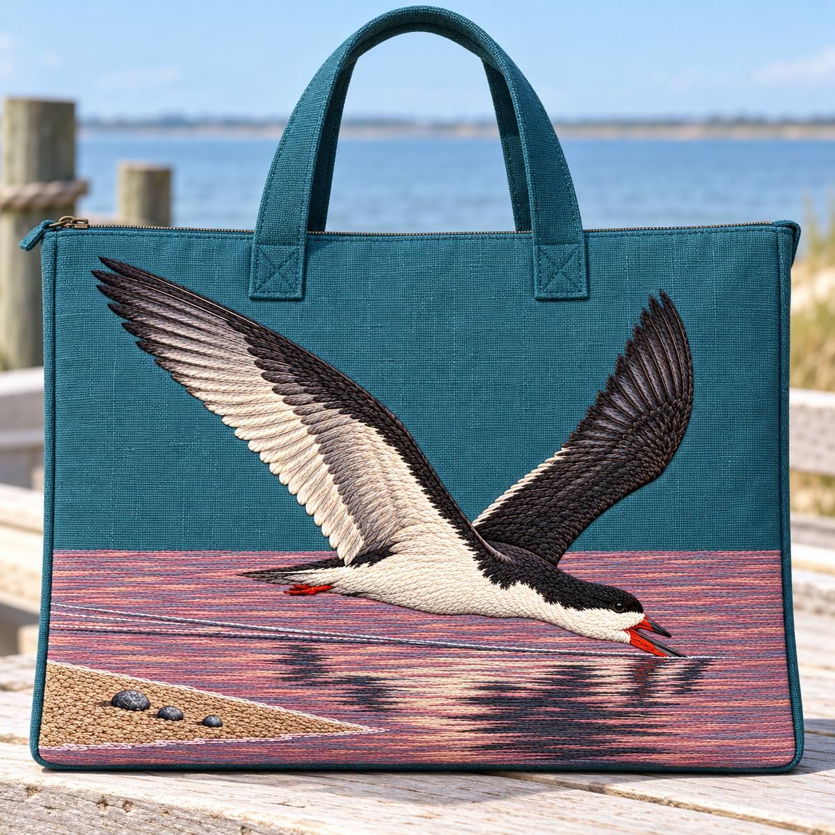 Skimmer embroidery design in a digital mockup of broad teal linen sailcloth document bag with stiff embroidered front, upright on pale dockside bench, handles raised clear, near-frontal. Placement inspiration for Study 37.