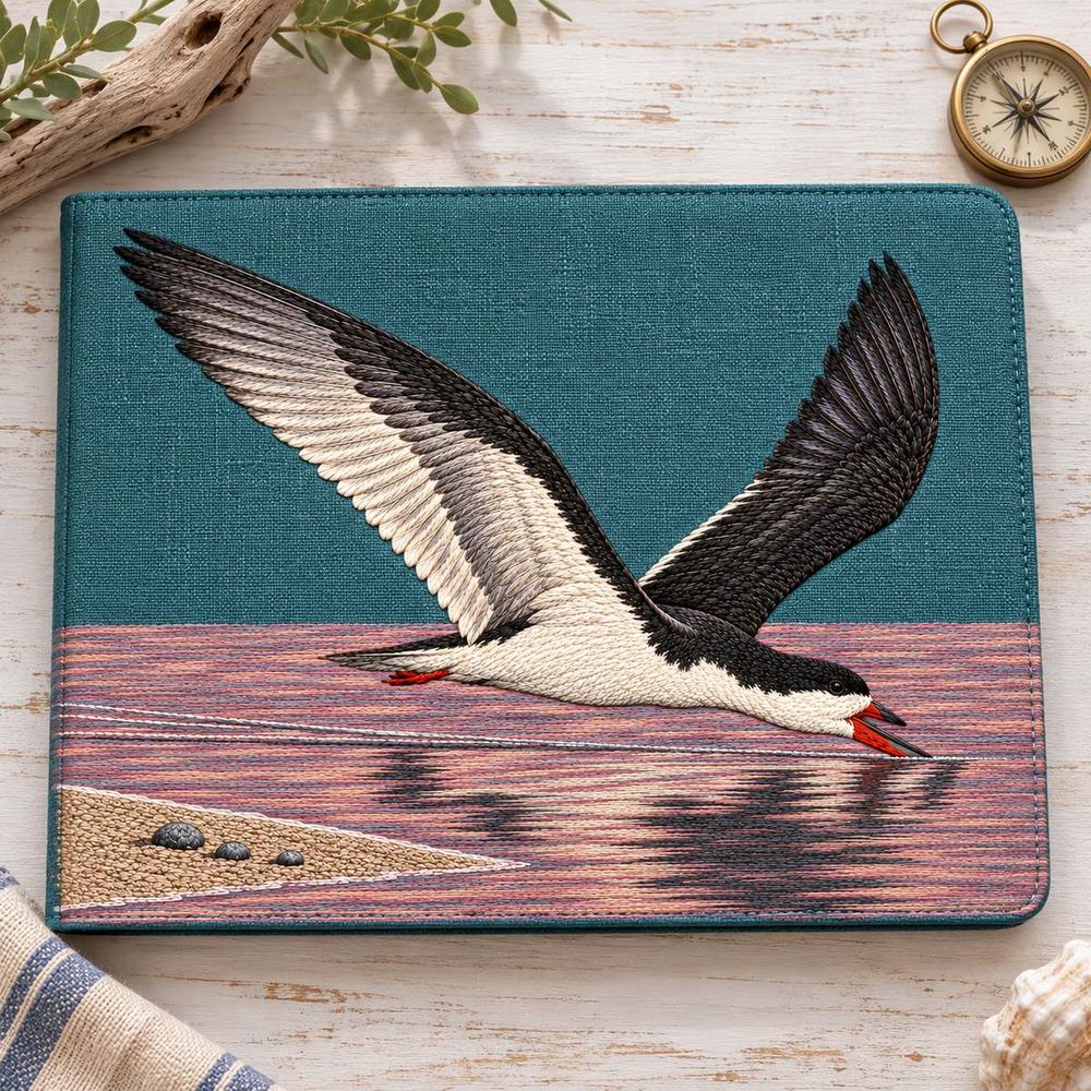 Skimmer embroidery design in a digital mockup of horizontal teal linen tide-observation folio laid closed on whitewashed desk, overhead, small plain compass beside it. Placement inspiration for Study 37.