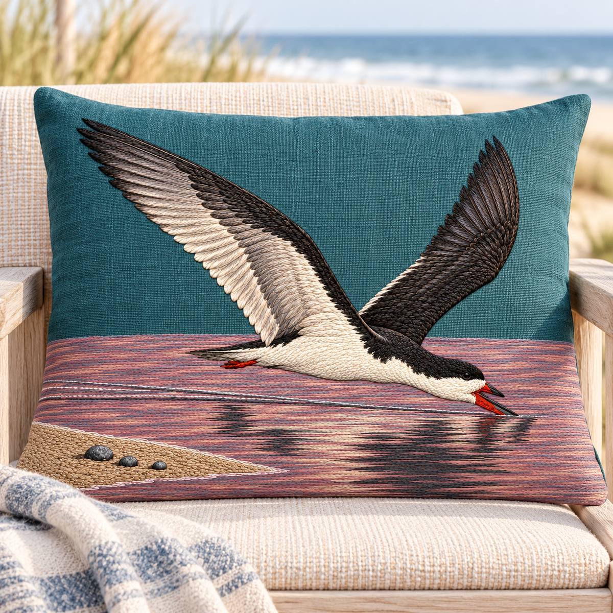Skimmer embroidery design in a digital mockup of teal linen shallow rectangular cushion on a bleached ash beach-house chair, front-on tight crop; complete upward wing tips visible. Placement inspiration for Study 37.