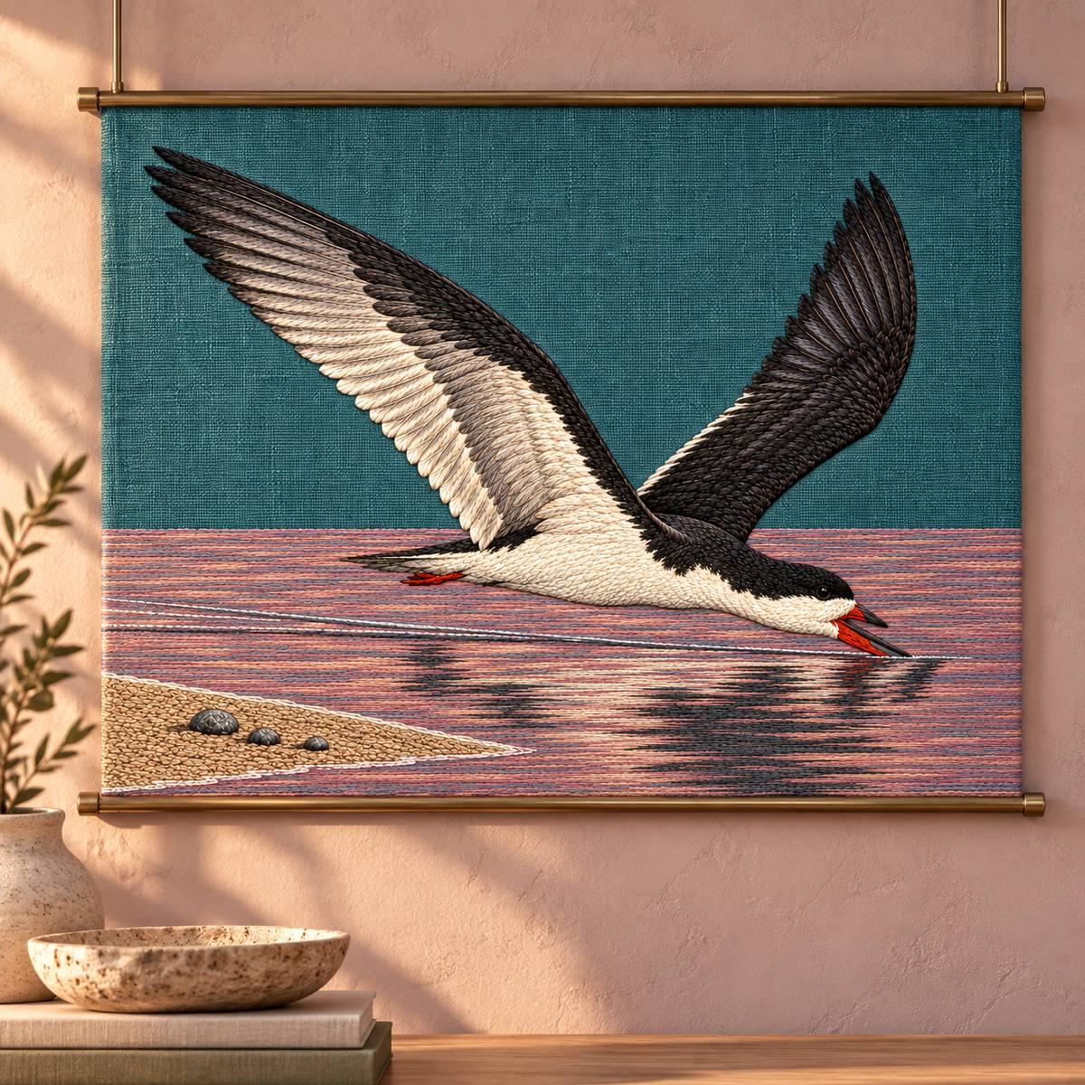 Skimmer embroidery design in a digital mockup of horizontal teal linen gallery textile suspended on two thin brass rails, frontal on pale mauve plaster, warm dawn side light. Placement inspiration for Study 37.