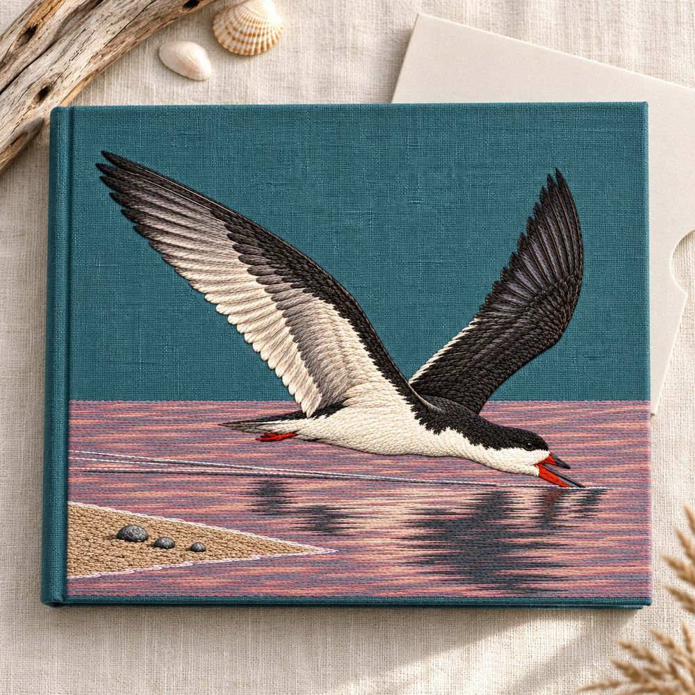 Skimmer embroidery design in a digital mockup of teal linen cover of a closed seascape photograph album, hinge left, overhead on ivory linen with a small unmarked print sleeve outside. Placement inspiration for Study 37.