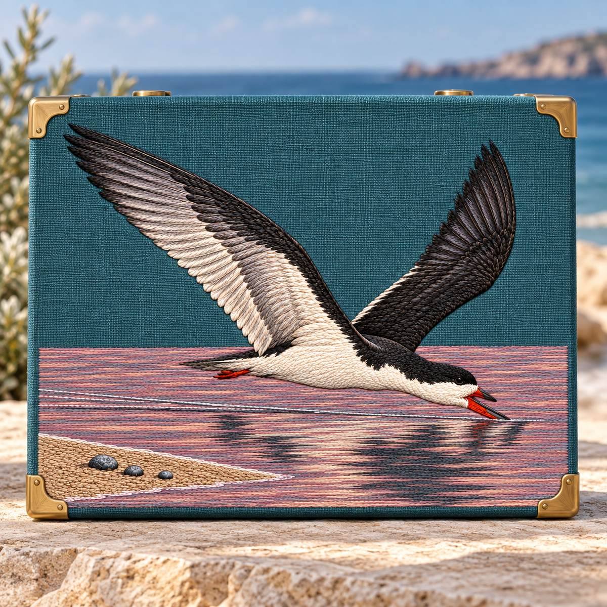 Skimmer embroidery design in a digital mockup of broad teal linen rigid travel art-case front, standing on pale stone, brass corners outside artwork, front-on; no straps crossing wings. Placement inspiration for Study 37.