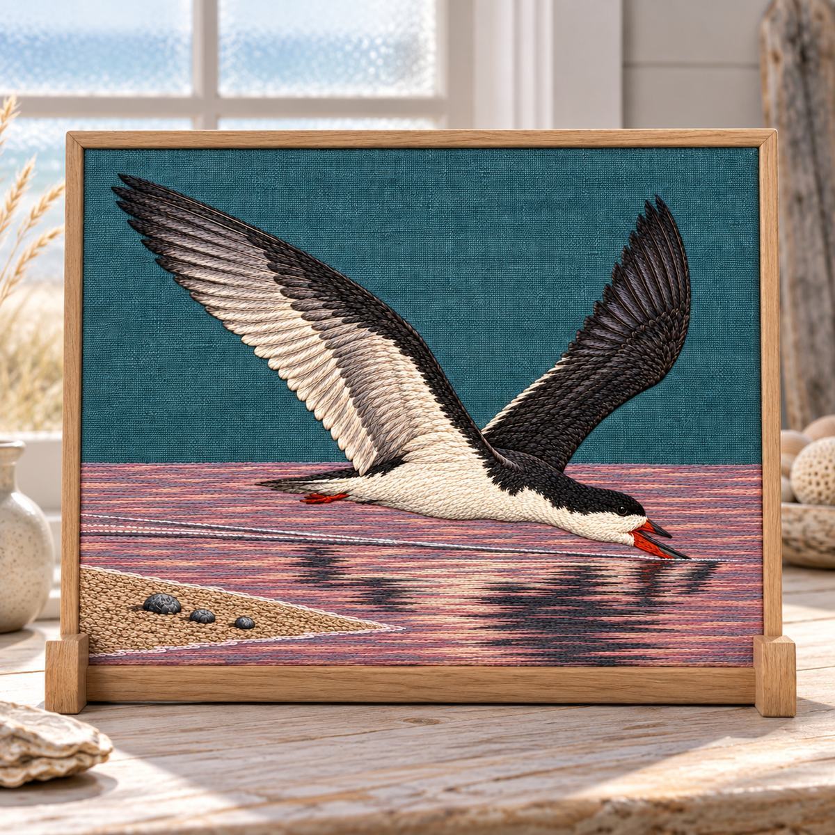 Skimmer embroidery design in a digital mockup of teal embroidered panel in a small pale oak tabletop display stand, frontal at a coastal studio, frosted window behind; entire motif clear. Placement inspiration for Study 37.