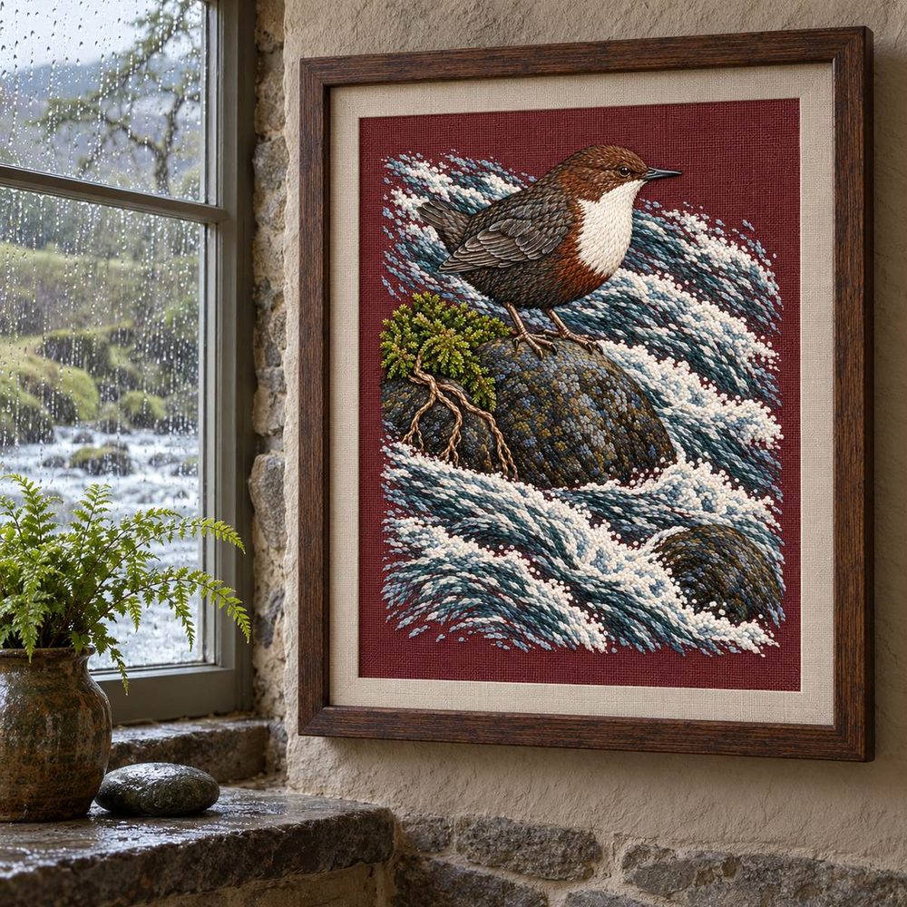 Dipper embroidery design shown in a digital mockup of A upright framed rust-plum linen textile hung beside a rain-streaked cottage window; grey stone sill, a single small fern below, restrained Welsh riverside interior. Frame opening32x42cm. Study 38.
