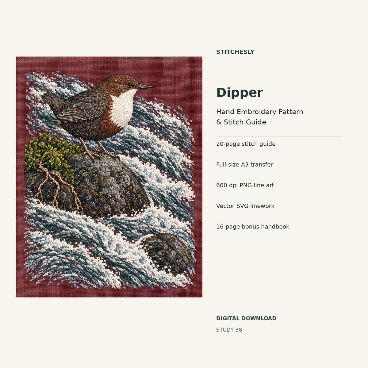 Dipper hand embroidery digital package cover showing the reference artwork and included guide, transfer, PNG, SVG and bonus handbook.