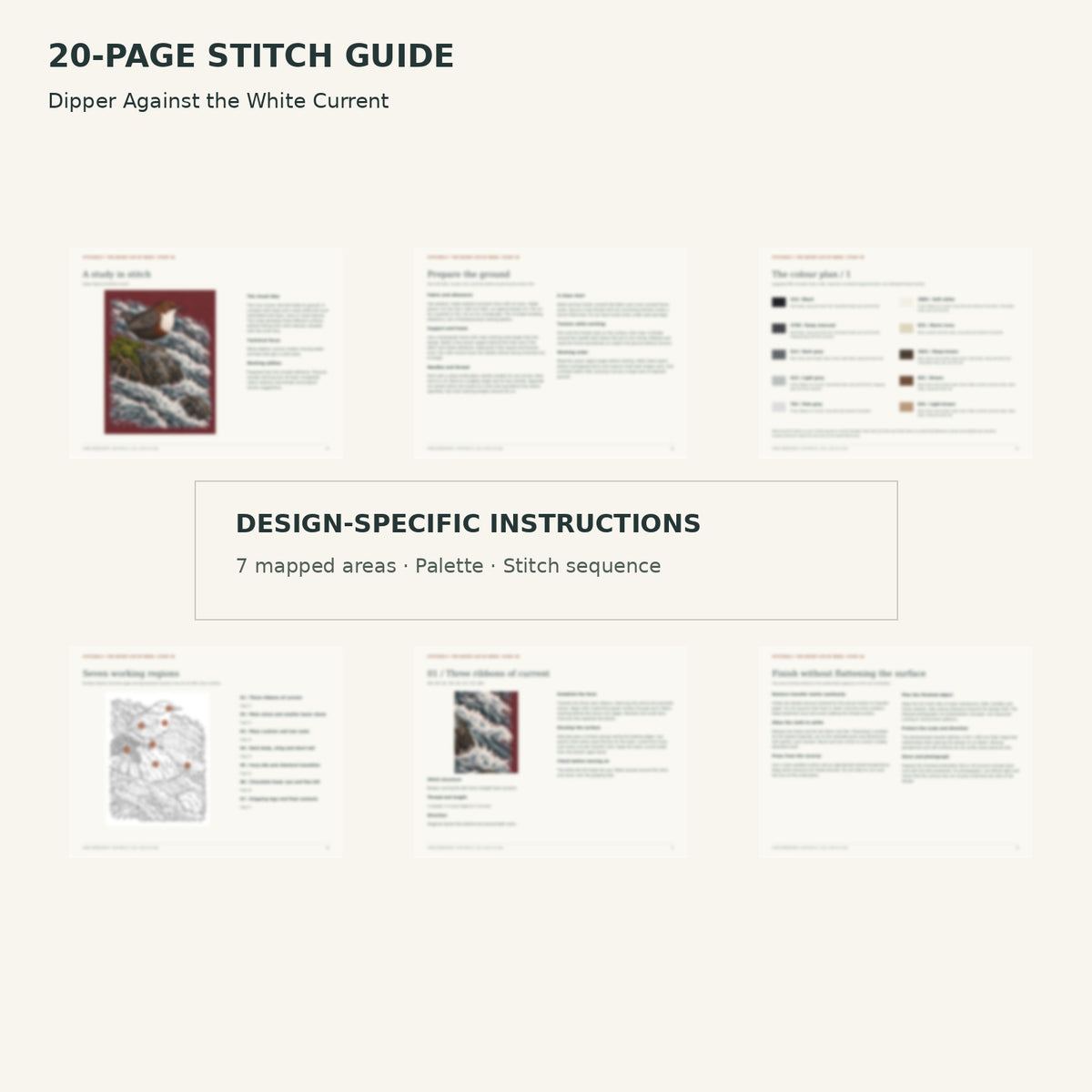 Protected page overview of the 20-page Dipper stitch guide, including its numbered map, suggested palette and working sequence.