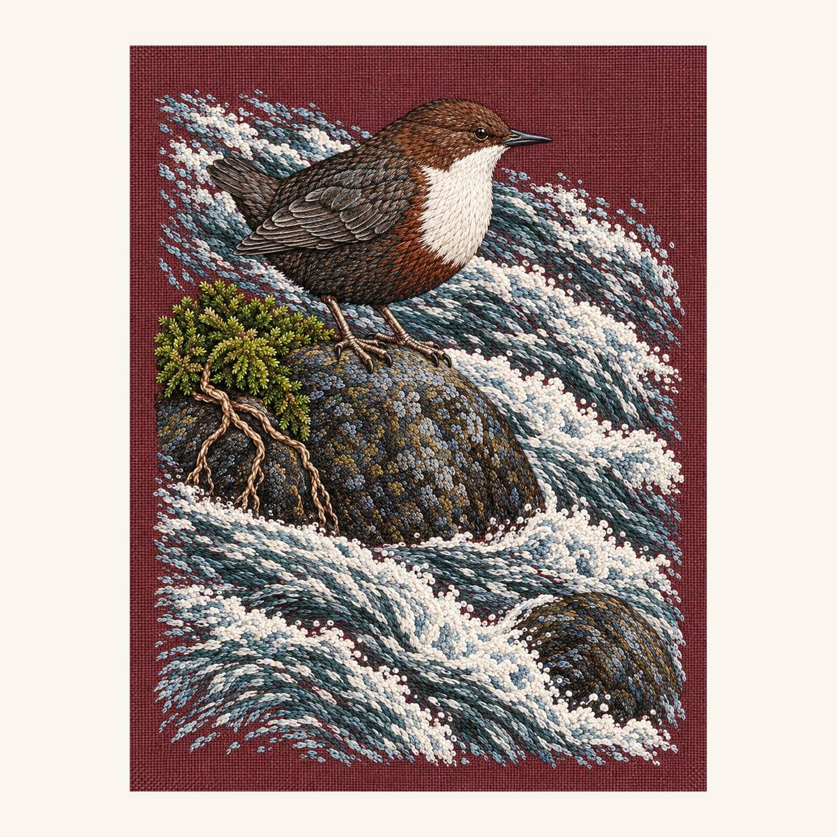 Digital embroidery reference showing a dipper on mossy rock in white water on washed rust-plum linen, portrait composition.