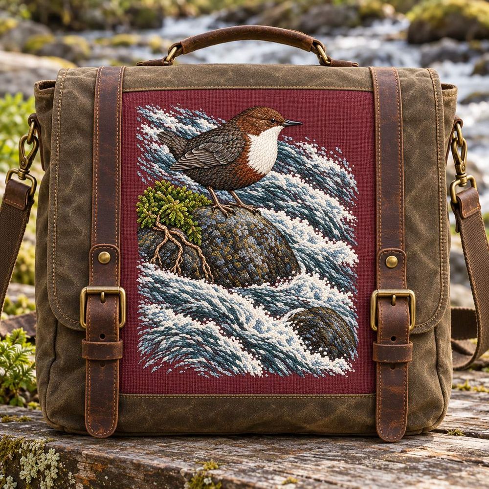 Dipper embroidery design in a digital mockup of Front panel of a waxed-canvas field satchel standing straight on a weathered river-study bench, rust-plum embroidered inset30x38cm, buckles and straps kept outside art. Placement inspiration for Study 38.