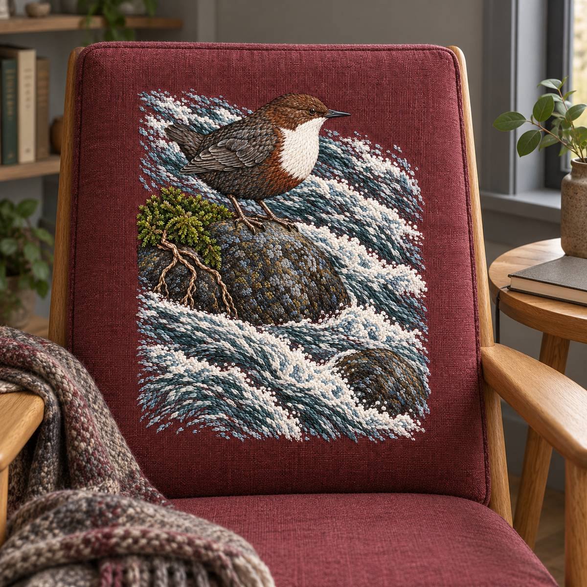 Dipper embroidery design in a digital mockup of A tall removable upholstered back pad on an oak reading chair, rust-plum linen; side table with plain closed field notebook, quiet grey reading nook. Placement inspiration for Study 38.