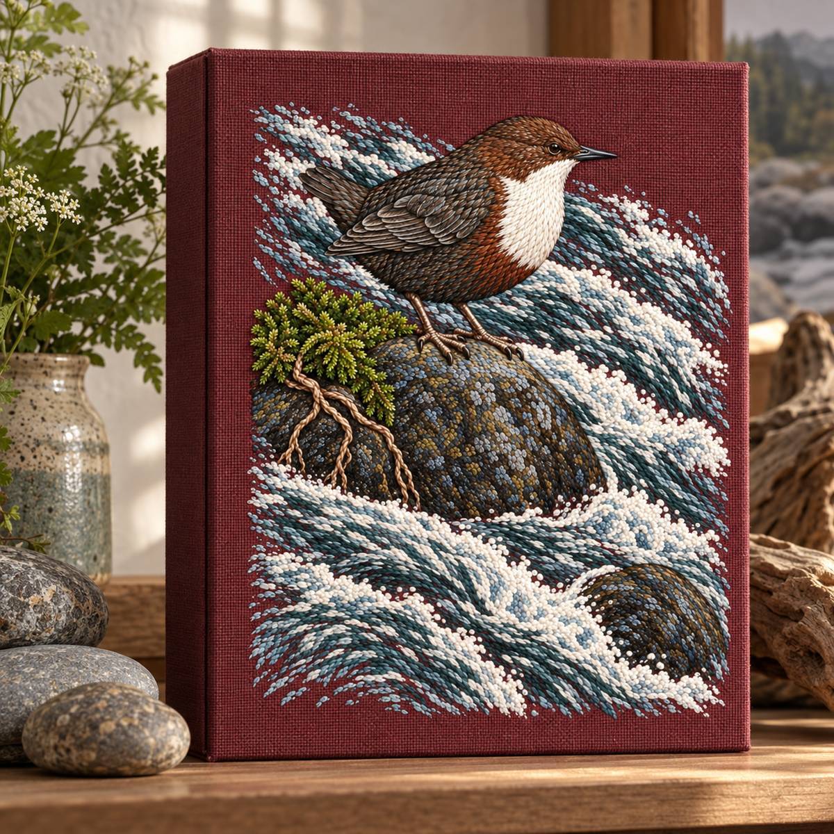 Dipper embroidery design in a digital mockup of A linen-covered archival specimen box standing vertically with its lid facing camera; embroidery on entire flat lid, river stones on shelf beside it. Placement inspiration for Study 38.