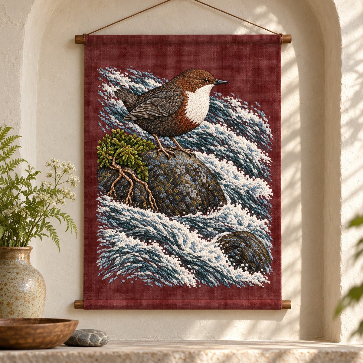 Dipper embroidery design in a digital mockup of A rectangular wall scroll of rust-plum linen between two slim hazel rods; plaster alcove with rippled daylight, no frame glass. Placement inspiration for Study 38.