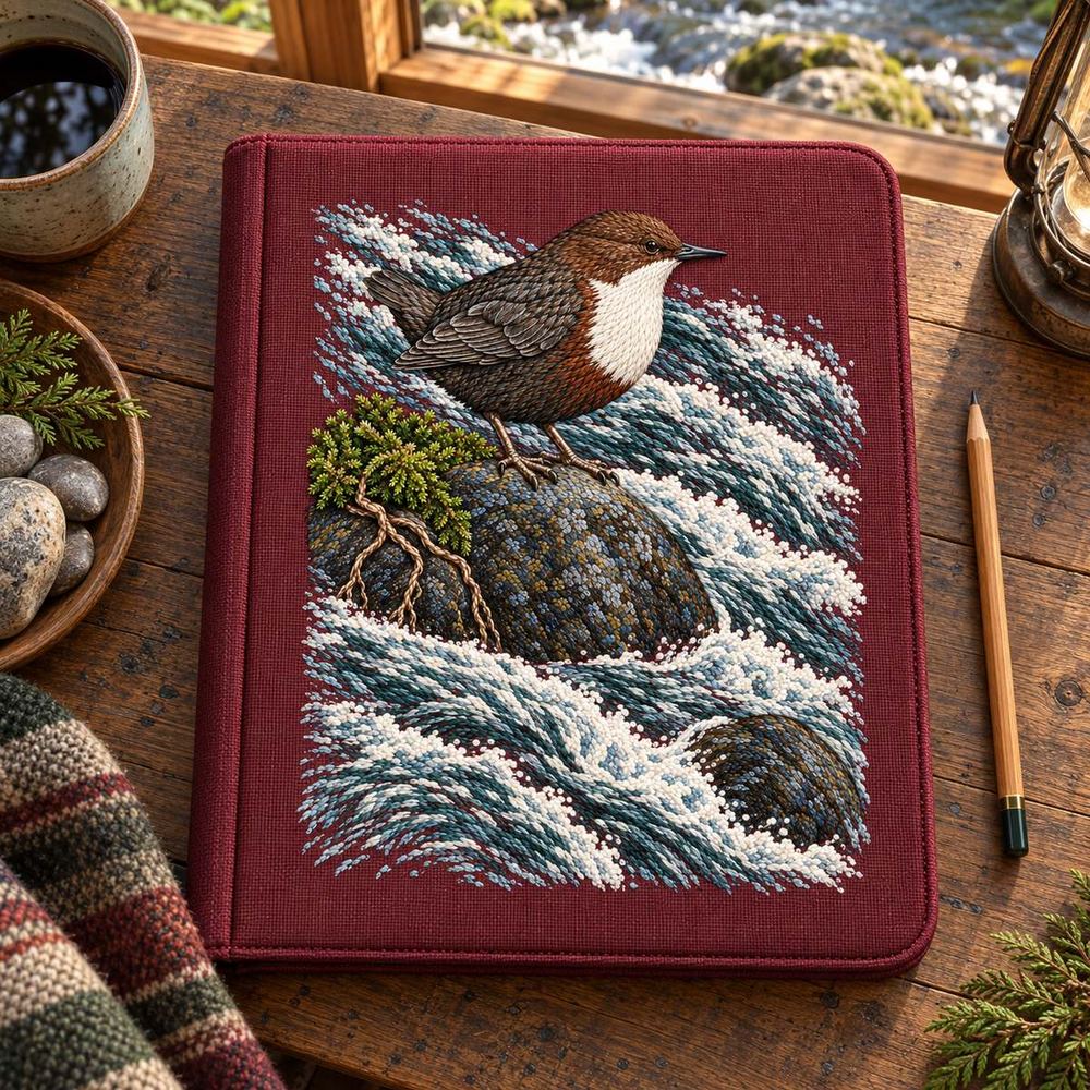 Dipper embroidery design in a digital mockup of A upright padded portfolio cover resting closed on a creekside cabin desk, linen face fully flat, pencil far beside it, overhead camera. Placement inspiration for Study 38.