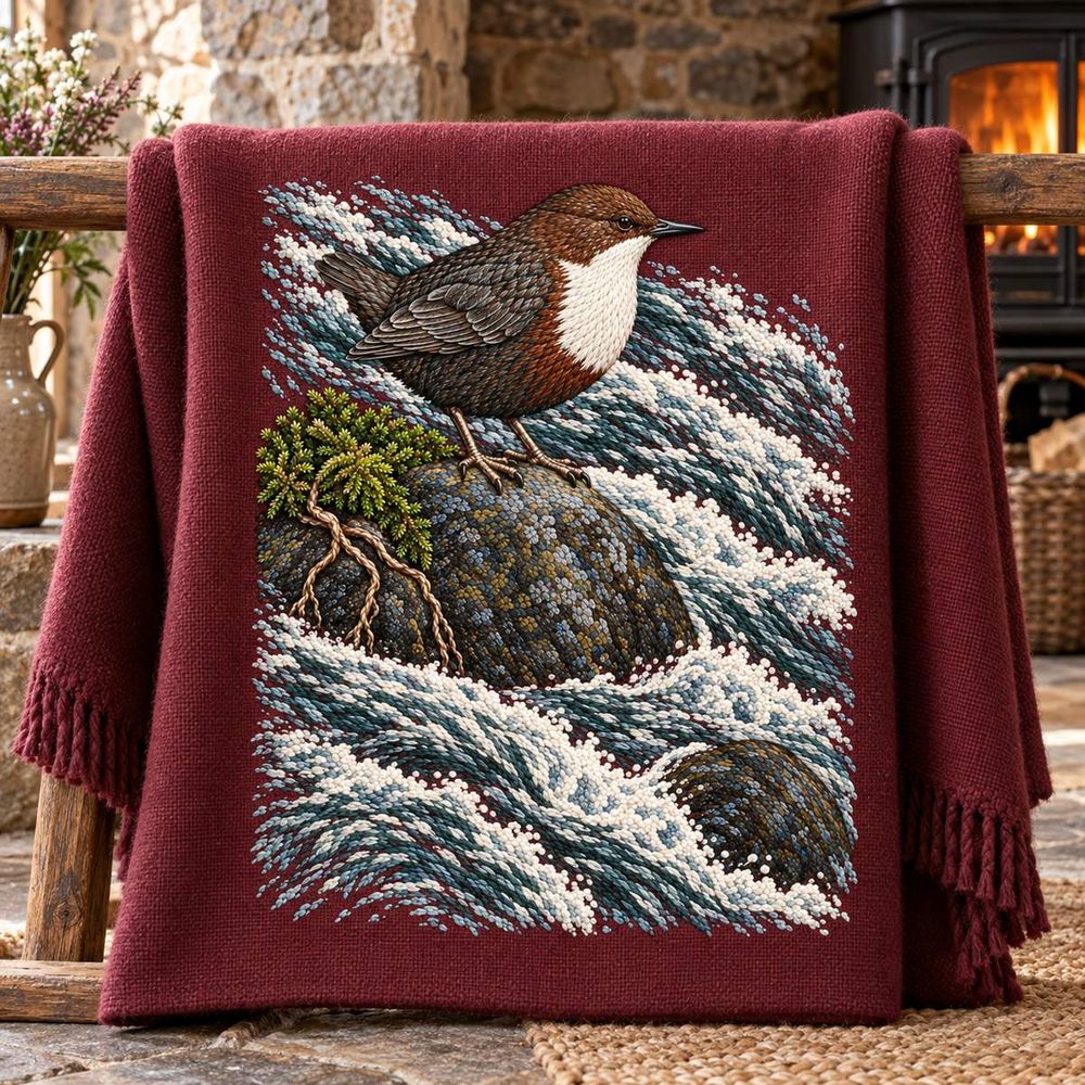 Dipper embroidery design in a digital mockup of A plain wool blanket's single flat embroidered linen panel draped straight over a low rail; rest of blanket folds OUTSIDE the motif, stone cottage hearth background. Placement inspiration for Study 38.