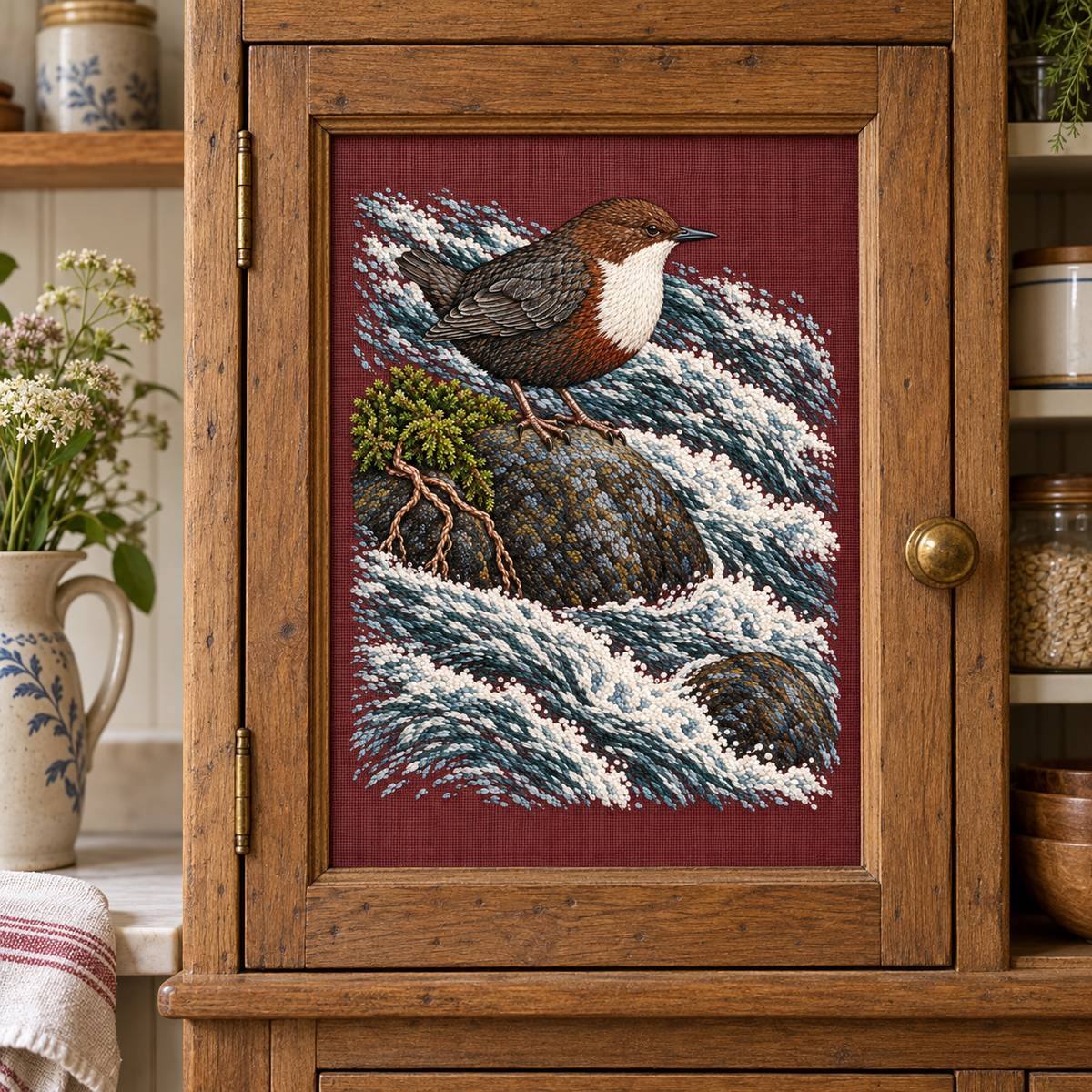Dipper embroidery design in a digital mockup of A removable fabric screen panel in an old oak cabinet door, upright rust-plum embroidery; cabinet viewed front-on in a pale pantry. Placement inspiration for Study 38.